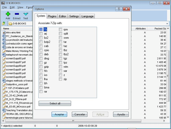 7-Zip 选项窗口的「系统」页，可勾选要用 7-Zip 打开的压缩格式（截图为西班牙语界面）