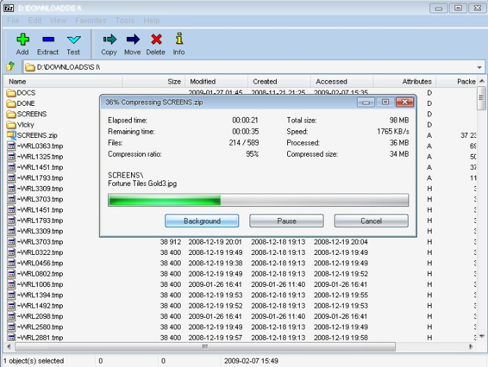 7-Zip 文件管理器压缩文件时的进度窗口截图